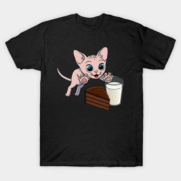 Sphynx Cat excited to have Chocolate Cake with Milk T-Shirt by Crazy Cool Catz